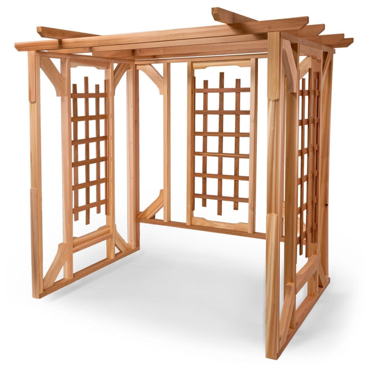 Cedar pergola in a landscaped garden